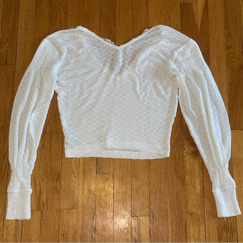 FREE PEOPLE Lace V-Neck Balloon Sleeve Sweater White Oversized XS - Picture 3 of 5
